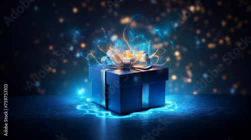 Blue gift box with an opening lid with a magic light coming from it photo