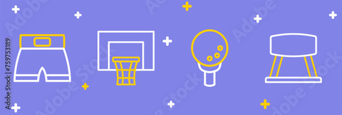 Set line Pommel horse, Golf ball on tee, Basketball backboard and Boxing short icon. Vector