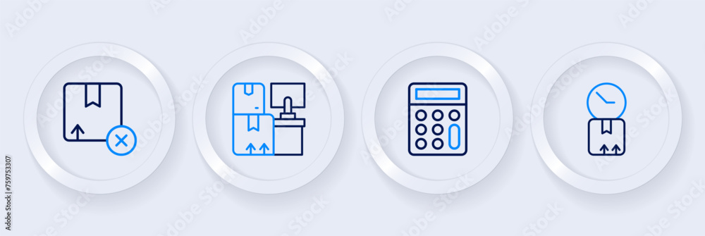 Set line Cardboard box with clock, Calculator, Warehouse boxes and Carton cardboard icon. Vector Set line Cardboard box with clock, Calculator, Warehouse boxes and Carton cardboard icon. Vector