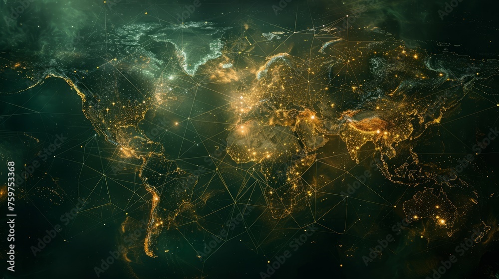 Glowing world map on dark background. Globalization concept. Communications network map of the world. Technological futuristic background. World connectivity and global networking concept - obrazy, fototapety, plakaty 