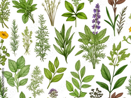 Floral collection clip art with various green and purple flowers herbs and plants  non seamless texture