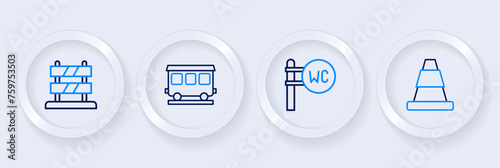 Set line Traffic cone, Toilet, Passenger train cars and End of railway tracks icon. Vector