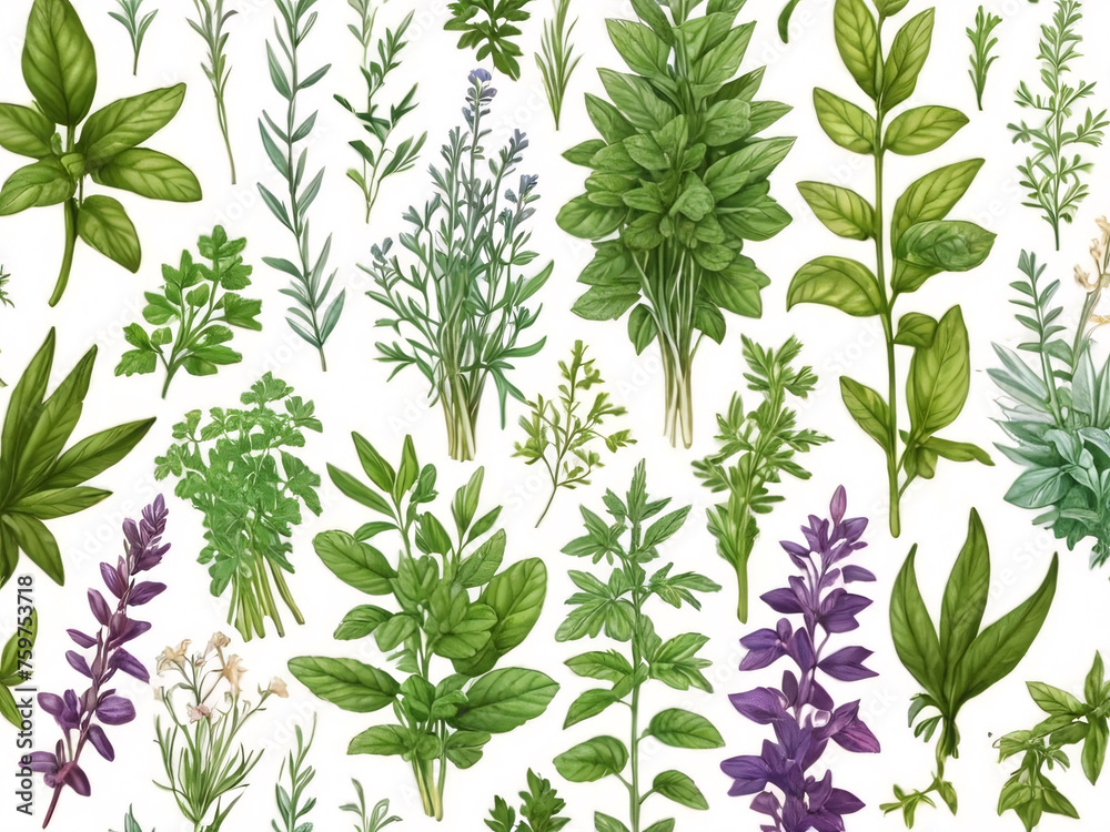 Floral collection clip art with various green and purple flowers herbs and plants, non seamless texture