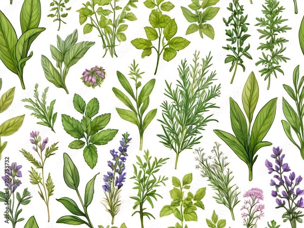 Floral collection clip art with various green and purple flowers herbs and plants, non seamless texture Floral collection clip art with various green and purple flowers herbs and plants, non seamless texture