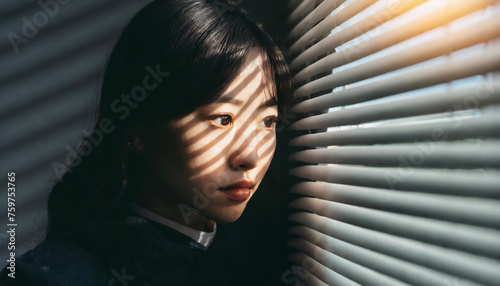 窓のブラインドから物静かに見つめる女性