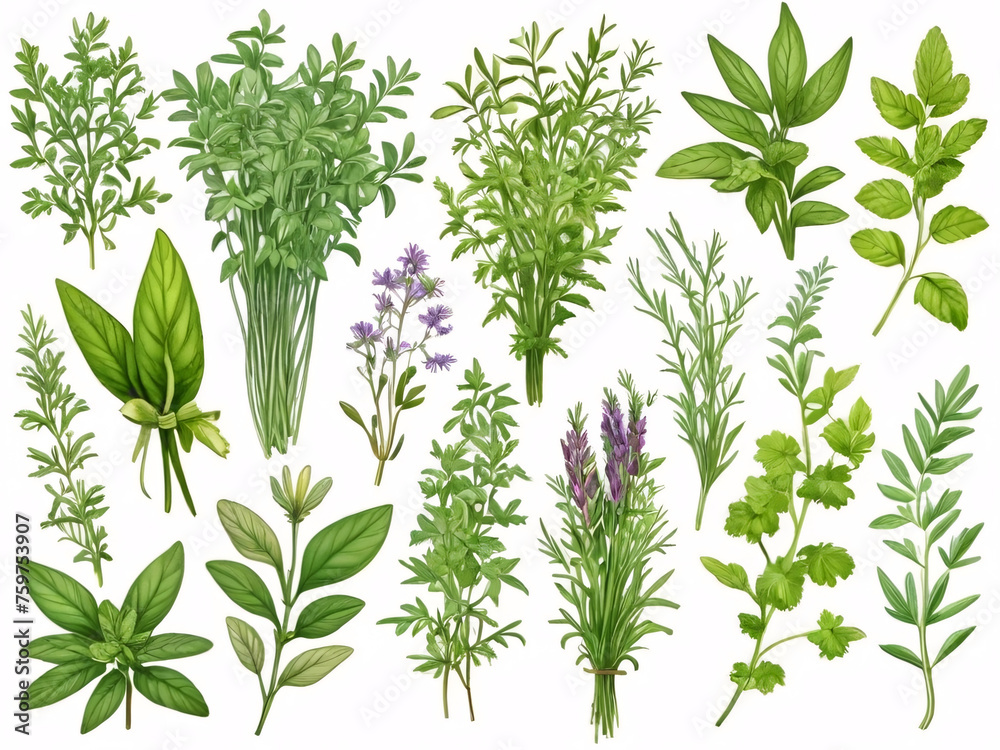 Floral collection clip art with various green and purple flowers herbs and plants, non seamless texture