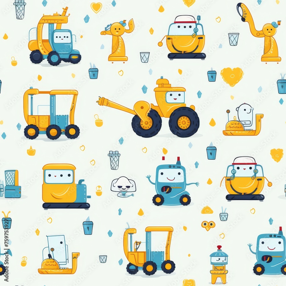 Cute baby toy construction equipment pattern with dump truck, concrete mixer, excavator, crane