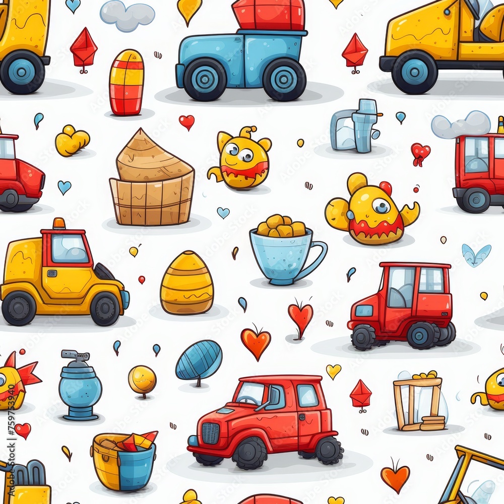 Hand-drawn seamless pattern with cute baby toy illustrations and construction vehicles