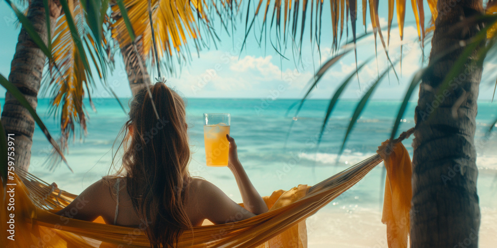 Beautiful girl sitting comfortably on a hammock at the beach between palm trees and holding a drink.