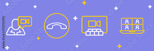 Set line Video chat conference, Telephone handset and icon. Vector