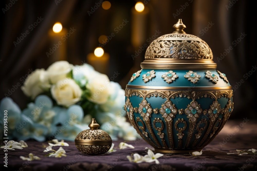 Turquoise vase with intricate golden patterns on dark marble surface for sophisticated decor Turquoise vase with intricate golden patterns on dark marble surface for sophisticated decor