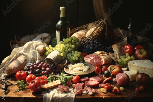 Knightly style still life featuring colorful fruits, fresh vegetables, and meat variety