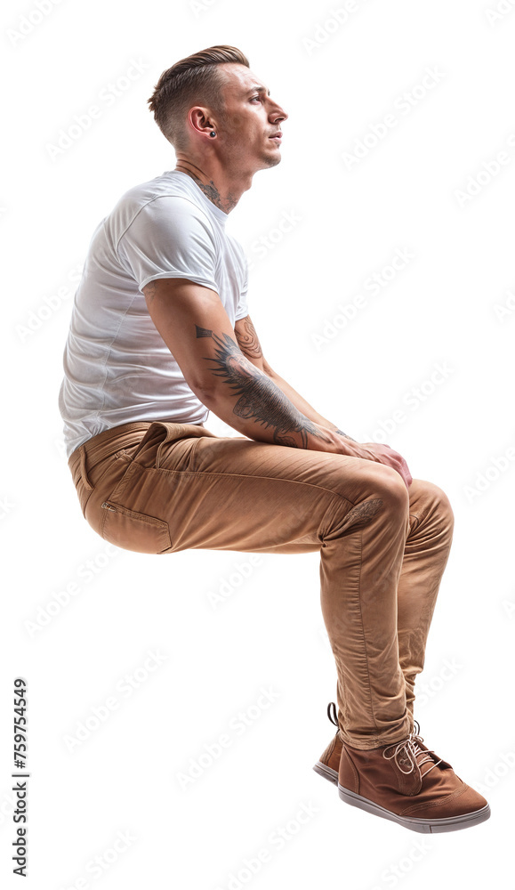 An Isolated sitting handsome young man wearing a white shirt and a salmon red chino trousers, cutout on transparent background, ready for architectural visualisation. An Isolated sitting handsome young man wearing a white shirt and a salmon red chino trousers, cutout on transparent background, ready for architectural visualisation.