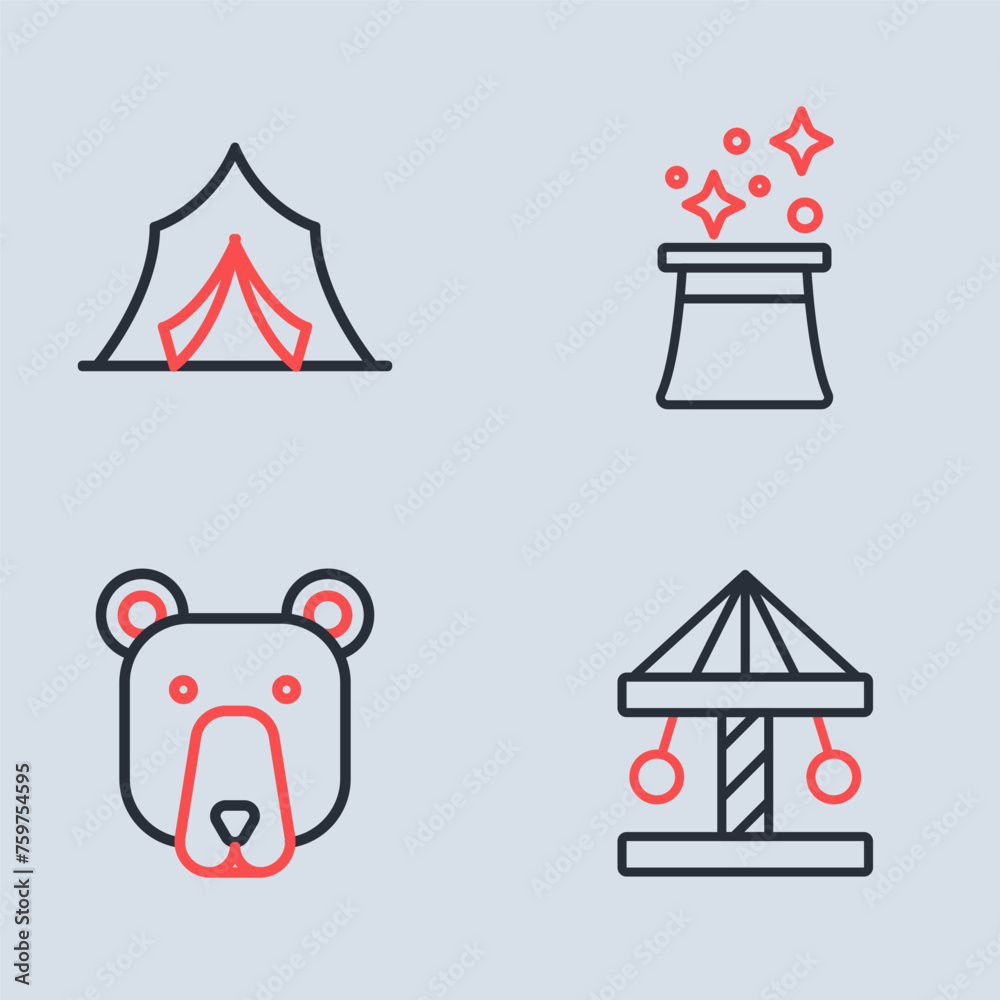 Fototapeta premium Set line Magician hat, Bear head, Attraction carousel and Circus tent icon. Vector