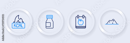 Set line Salt, Diet plan, Vitamins and Kcal icon. Vector