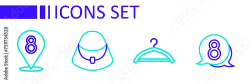 Set line 8 March in speech bubble, Hanger wardrobe, Handbag and icon. Vector