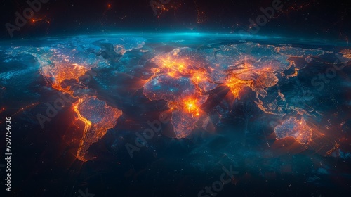 Glowing world map on dark background. Globalization concept. Communications network map of the world. Technological futuristic background. World connectivity and global networking concept © CaptainMCity