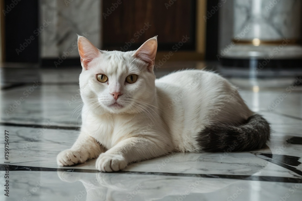 cat relaxing on the marble floor