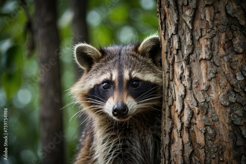 a curious raccoon peering out from behind a tree