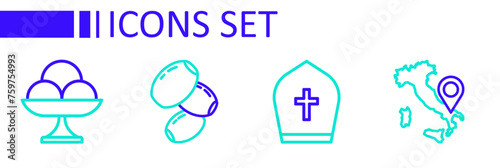 Set line Map of Italy, Pope hat, Olives and Ice cream in the bowl icon. Vector