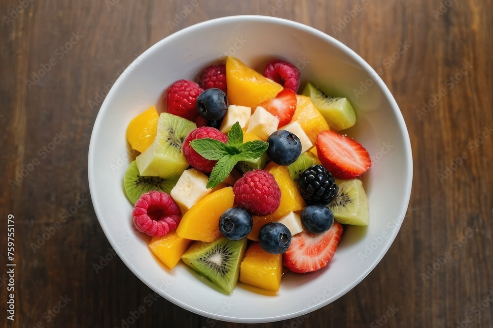 top view fruit salad on a white bowl on brown table