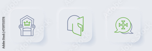 Set line Crusade, Medieval helmet and throne icon. Vector