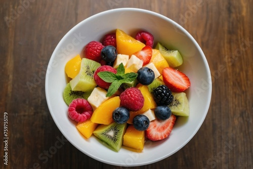 top view fruit salad on a white bowl on brown table