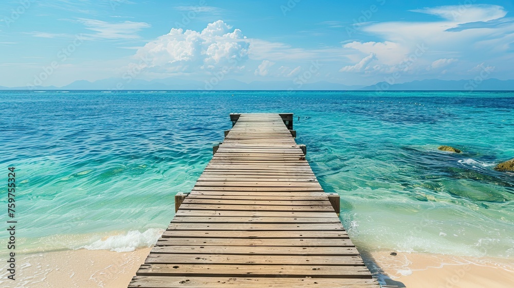 Fototapeta premium Wooden pier leading to the ocean with a white sand beach tropical island background.