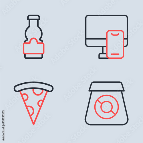 Set line Online ordering food, Slice of pizza, and Sauce bottle icon. Vector