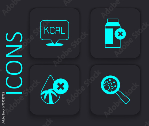 Set GMO, Kcal, Lactose intolerance and Palm oil free icon. Black square button. Vector