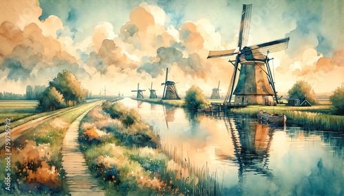 Watercolor landscape of Kinderdijk, Netherlands photo