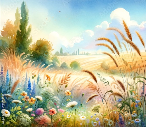 Watercolor landscape of a Summer Field