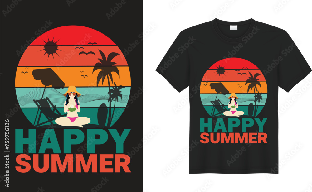 Summer Graphic T-shirt Design. Happy summer. Vector illustration on the theme of surf and surfing in Hawaii. Grunge background. Typography, t-shirt graphics, print, poster, banner, flyer, postcard.