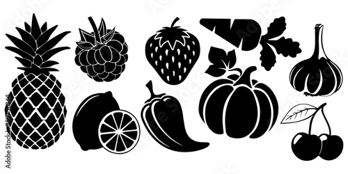 Silhouettes of fruits and common fruits. Vector set of pineapple, pumpkin, lemon, strawberry, etc.