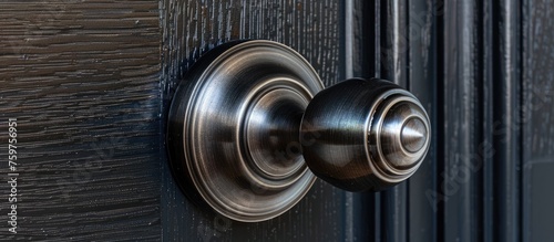 Aluminum doorknob on black wooden door for interior design. photo
