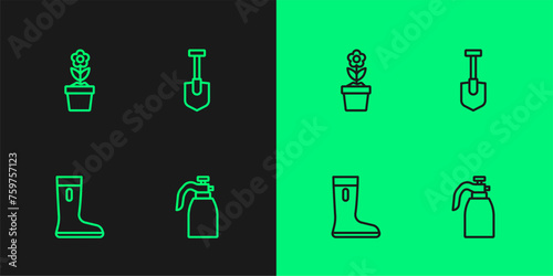 Set line Garden sprayer for water, Waterproof rubber boot, Flower in pot and Shovel icon. Vector