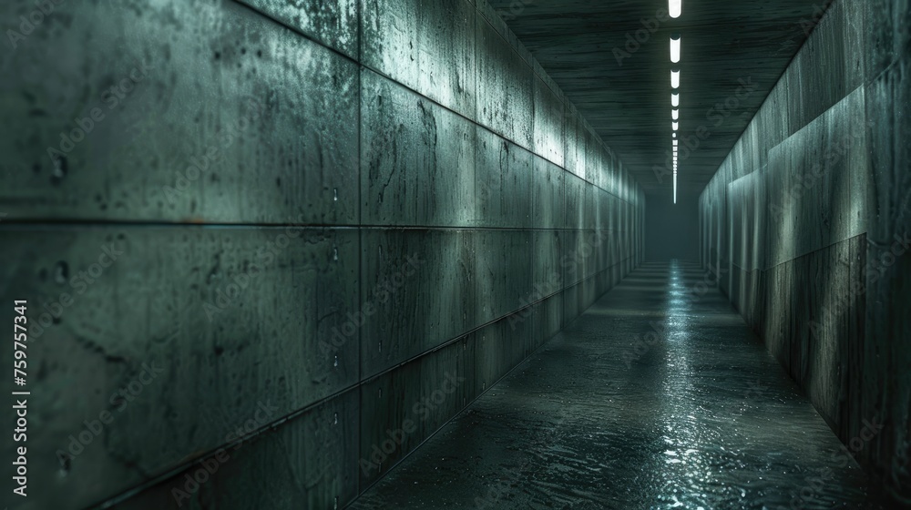 an underground concrete corridor, emphasizing intricate details and a foreboding ambiance that hints at the unknown. an underground concrete corridor, emphasizing intricate details and a foreboding ambiance that hints at the unknown.