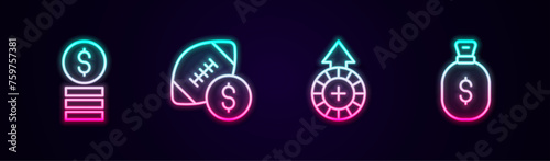 Set line Casino chip with dollar, American football betting money, chips and Money bag. Glowing neon icon. Vector
