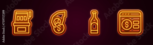 Set line Slot machine, Hand holding casino chips, Bottle of wine and Online poker table game. Glowing neon icon. Vector