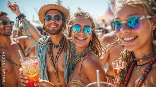 A group of young people are smiling and drinking cocktails at a summer music festival.