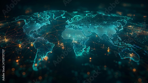 Glowing world map on dark background. Globalization concept. Communications network map of the world. Technological futuristic background. World connectivity and global networking concept photo