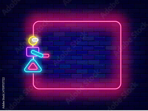 Neural network neon flyer. Robot helper. Human bot and empty pink frame. Futuristic technology. Vector illustration