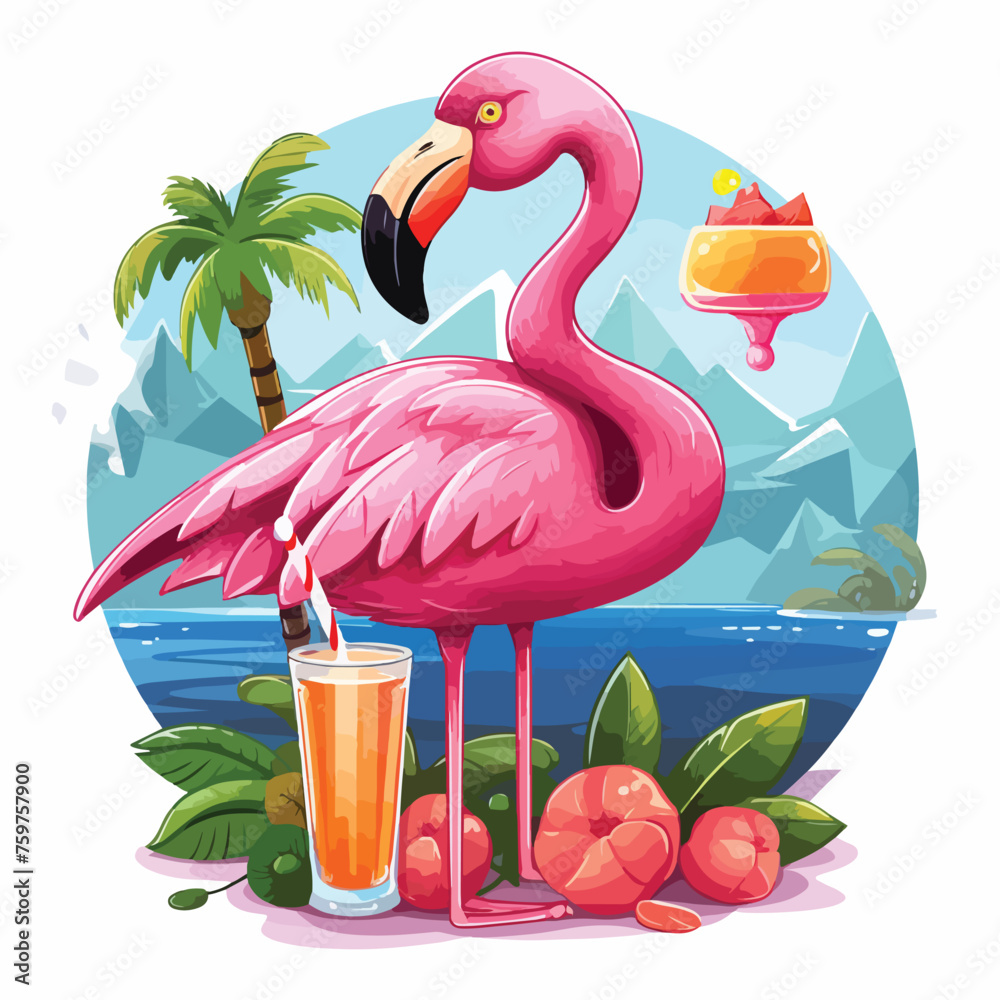 Fototapeta premium Pink flamingo with sunglasses resting on a lifesave