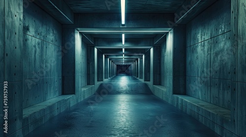 an underground concrete corridor  emphasizing intricate details and a foreboding ambiance that hints at the unknown.