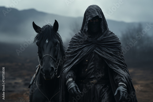 The horseman of the apocalypse with the glowing eyes in a black hooded cloak walking with a horse on the background of burnt ground