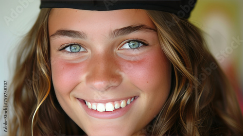 Joyful young woman with pride in her graduation cap and gown, symbol of her achievements and the bright future ahead.