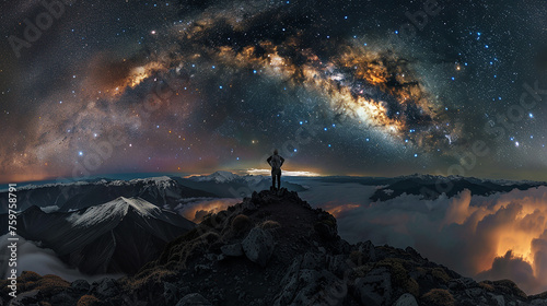 Fotografia de paisagens estelares de alta definição. viajante solitário no topo Fotografado com uma lente grande angular photo