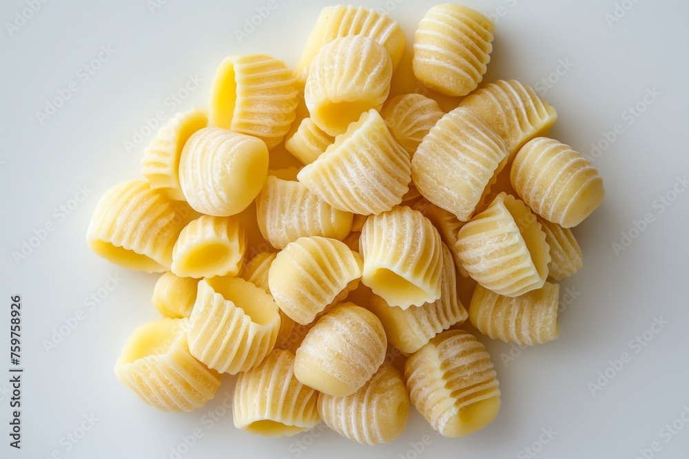 A pile of fresh, uncooked gnocchi arranged on a white background, with a dusting of flour A pile of fresh, uncooked gnocchi arranged on a white background, with a dusting of flour