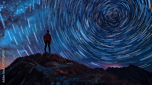 Fotografia de paisagens estelares de alta definição. viajante solitário no topo Fotografado com uma lente grande angular photo