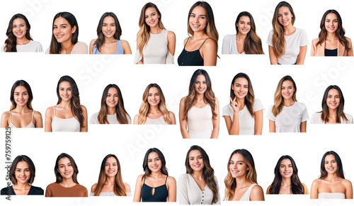 Set of headshots of different caucasian women smiling. Collage of 24 CLoseup photos of girls with transparent background.  photo